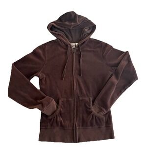 VTG Y2k 90s Hoodie‎ Womens Small Full Zip Chocolate Brown Velour Grunge